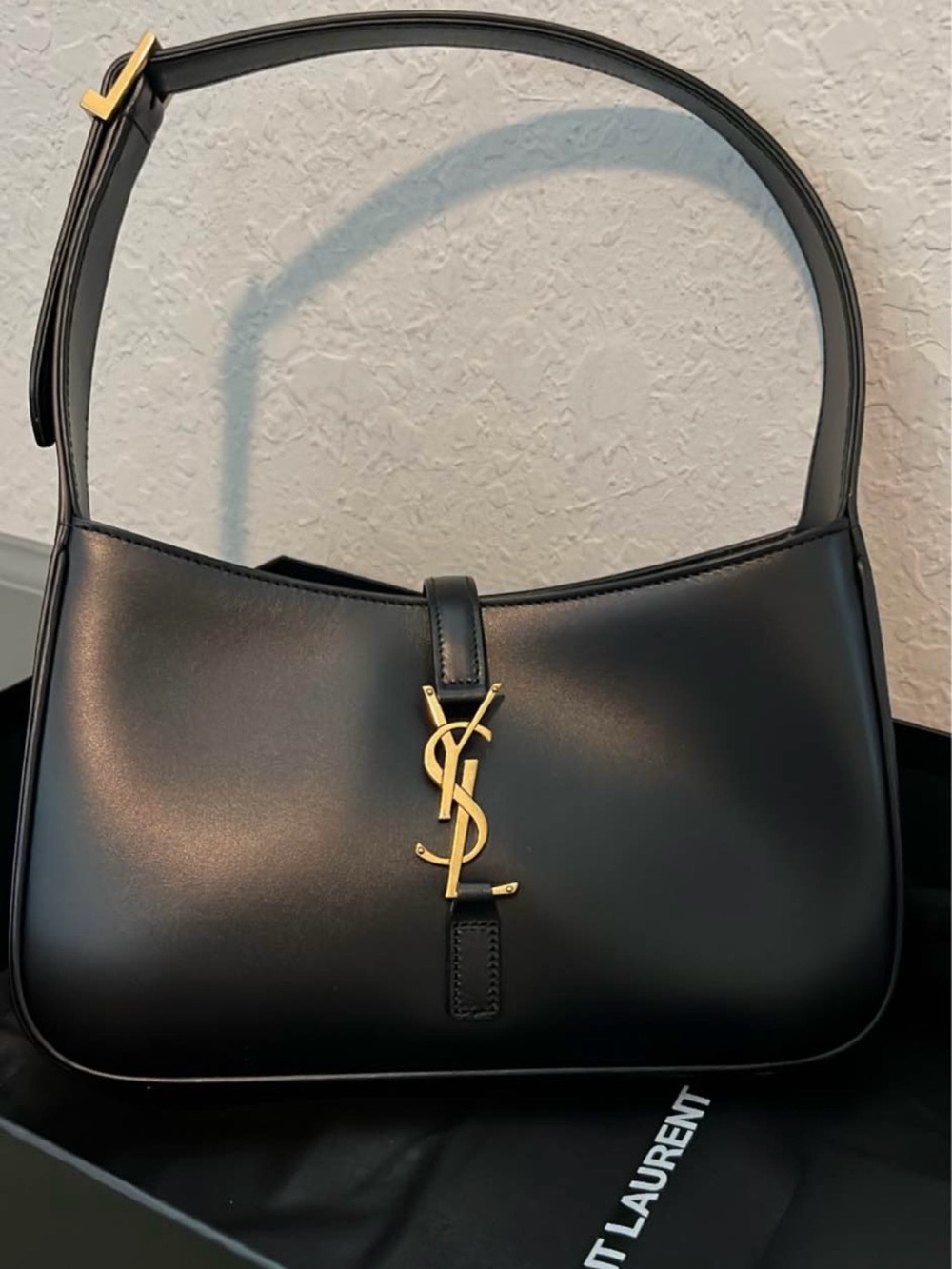 Saint Laurent Black Leather Shoulder Bag with Gold YSL Emblem